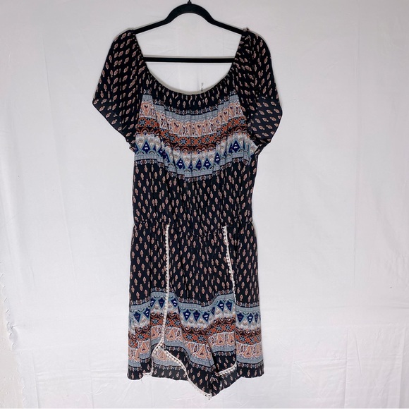 Janette Plus Black Blue Orange Multi Print Short Sleeve/Off Shoulder Romper 3XL - Picture 12 of 12